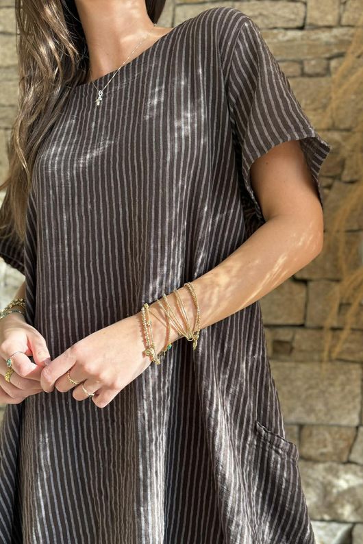 Salcombe Chalk Stripe Cotton Cocoon Dress Chocolate